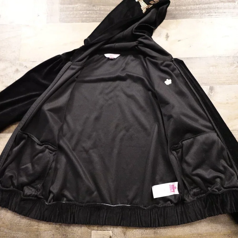 Juicy Couture‎ Girls Velour Hoodie Large Black Crown Logo Zip Up Juicy Hood